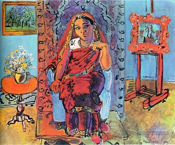 intérieur avec femme Indienne 1930 Peinture à l'huile